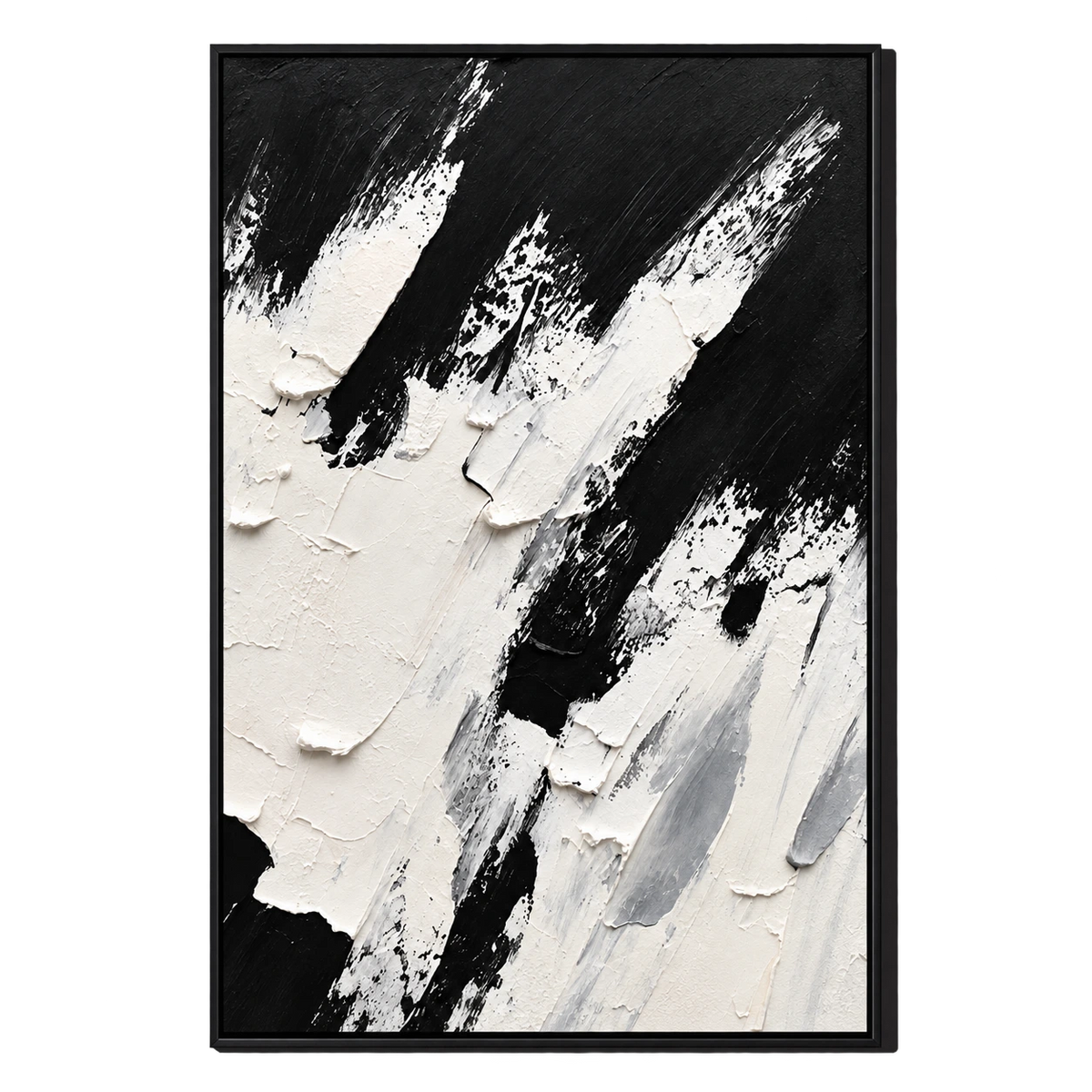 Ownanart Hand-Painted Black and White Diagonal Impasto Abstract Oil Painting – Textured Vertical Canvas Wall Art for Living Room and Office