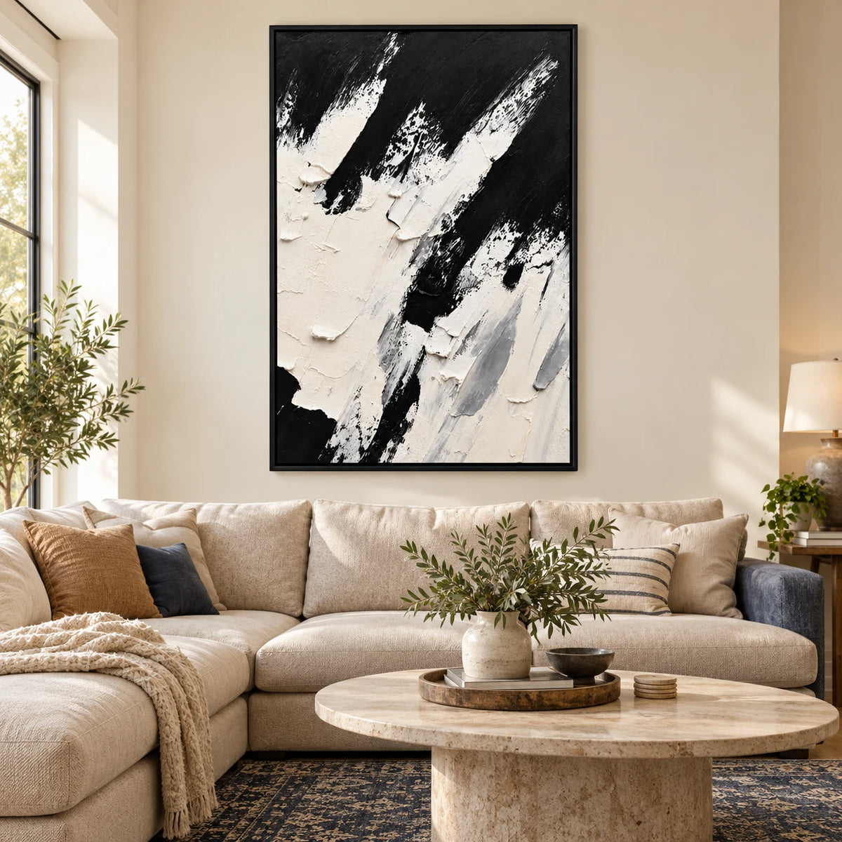 Ownanart Hand-Painted Black and White Diagonal Impasto Abstract Oil Painting – Textured Vertical Canvas Wall Art for Living Room and Office
