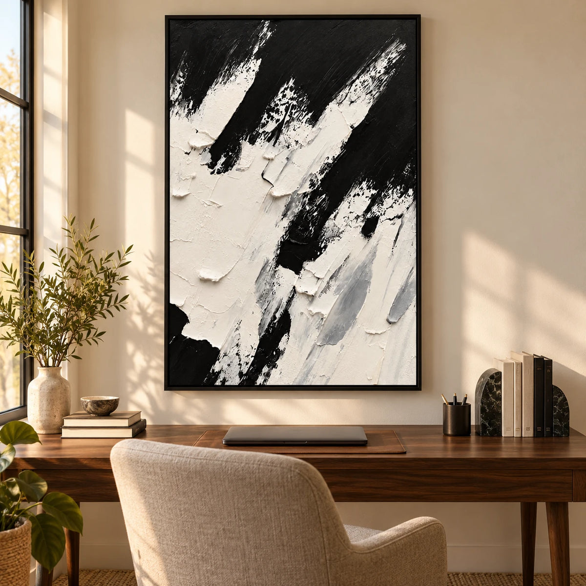 Ownanart Hand-Painted Black and White Diagonal Impasto Abstract Oil Painting – Textured Vertical Canvas Wall Art for Living Room and Office