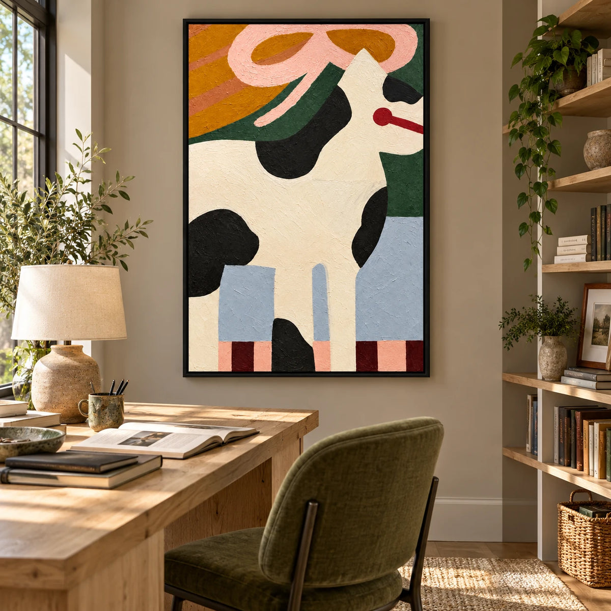 Ownanart Hand-Painted Black and White Dog with Pink Ribbon Oil Painting – Whimsical Contemporary Folk Animal Art, 3D Textured Vertical Canvas Wall Art, Original Painting for Living Room Bedroom Entryway and Office