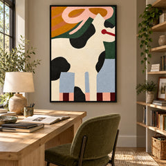 Ownanart Hand-Painted Black and White Dog with Pink Ribbon Oil Painting – Whimsical Contemporary Folk Animal Art, 3D Textured Vertical Canvas Wall Art, Original Painting for Living Room Bedroom Entryway and Office #OA 1498