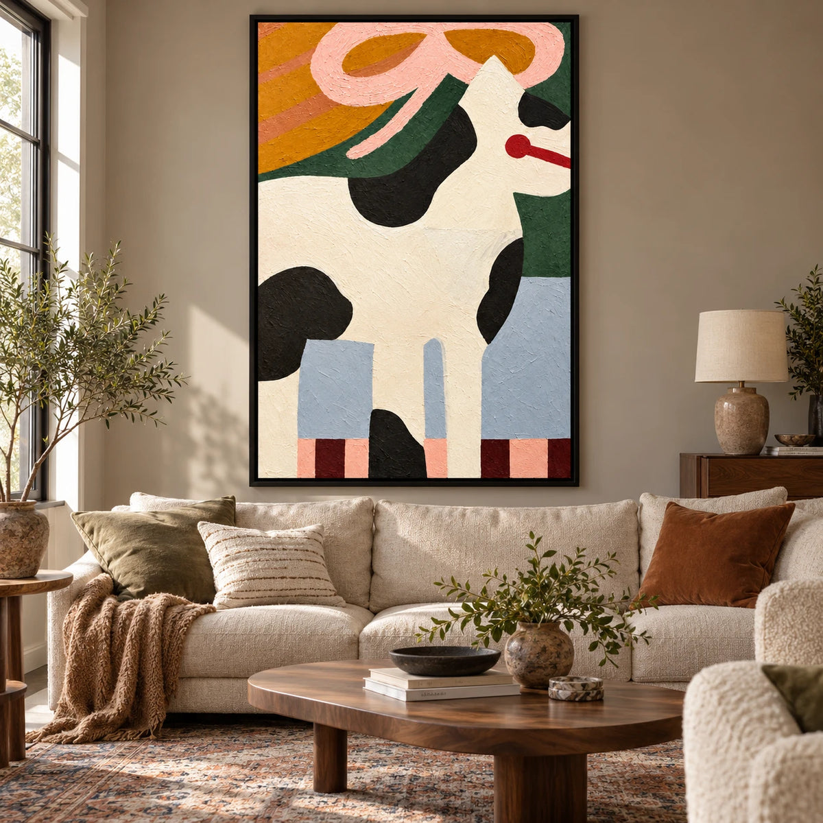 Ownanart Hand-Painted Black and White Dog with Pink Ribbon Oil Painting – Whimsical Contemporary Folk Animal Art, 3D Textured Vertical Canvas Wall Art, Original Painting for Living Room Bedroom Entryway and Office