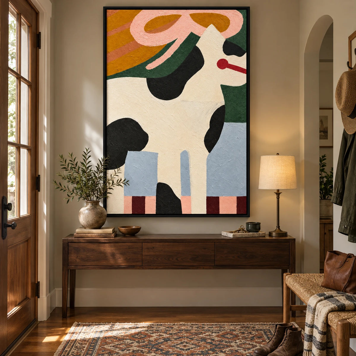Ownanart Hand-Painted Black and White Dog with Pink Ribbon Oil Painting – Whimsical Contemporary Folk Animal Art, 3D Textured Vertical Canvas Wall Art, Original Painting for Living Room Bedroom Entryway and Office