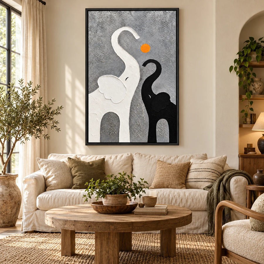 Ownanart Hand-Painted Black and White Elephants with Orange Sun Oil Painting – Minimalist Abstract Animal, 3D Textured Vertical Canvas Wall Art for Living Room Bedroom Entryway and Office #OA 1509