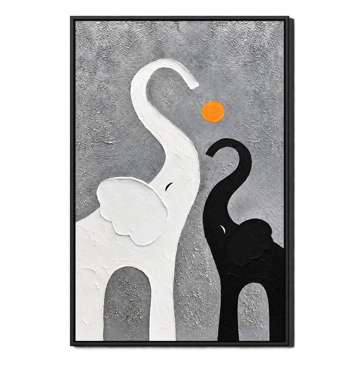 Ownanart Hand-Painted Black and White Elephants with Orange Sun Oil Painting – Minimalist Abstract Animal, 3D Textured Vertical Canvas Wall Art for Living Room Bedroom Entryway and Office