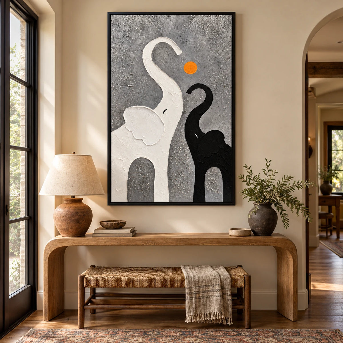 Ownanart Hand-Painted Black and White Elephants with Orange Sun Oil Painting – Minimalist Abstract Animal, 3D Textured Vertical Canvas Wall Art for Living Room Bedroom Entryway and Office