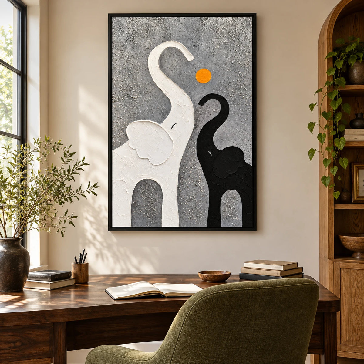 Ownanart Hand-Painted Black and White Elephants with Orange Sun Oil Painting – Minimalist Abstract Animal, 3D Textured Vertical Canvas Wall Art for Living Room Bedroom Entryway and Office