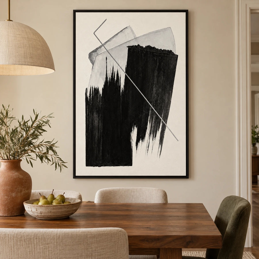 Ownanart Hand-Painted Black and White Geometric Abstract Oil Painting – Textured Vertical Canvas Wall Art for Living Room and Office #OA 1485
