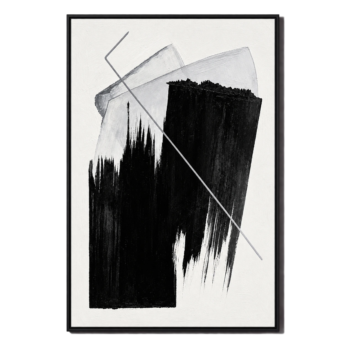 Ownanart Hand-Painted Black and White Geometric Abstract Oil Painting – Textured Vertical Canvas Wall Art for Living Room and Office