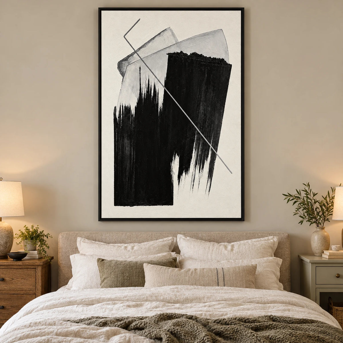 Ownanart Hand-Painted Black and White Geometric Abstract Oil Painting – Textured Vertical Canvas Wall Art for Living Room and Office