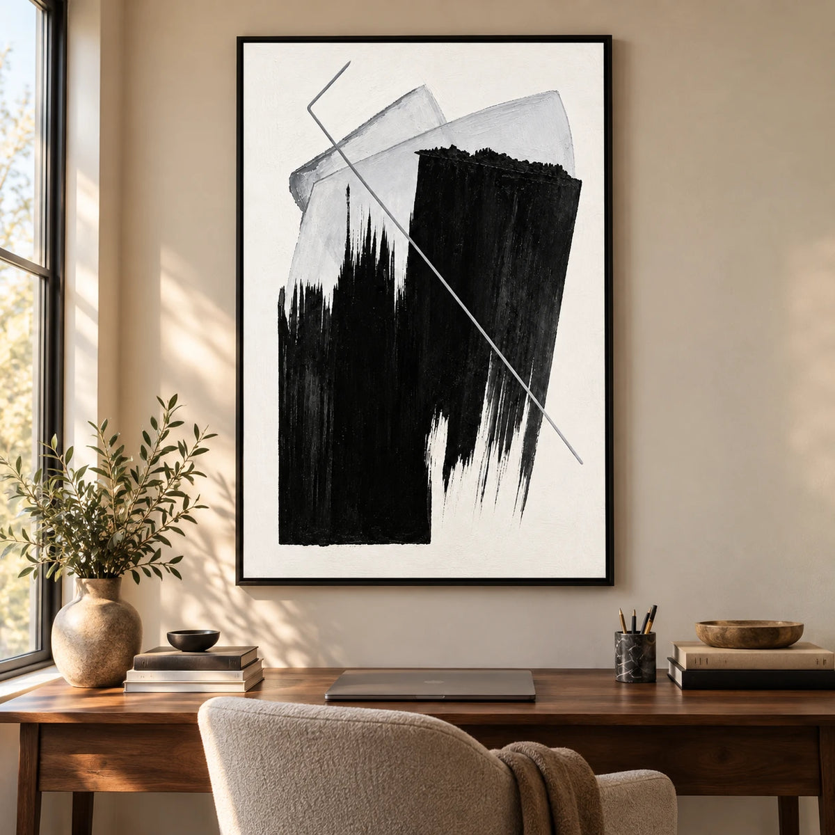 Ownanart Hand-Painted Black and White Geometric Abstract Oil Painting – Textured Vertical Canvas Wall Art for Living Room and Office
