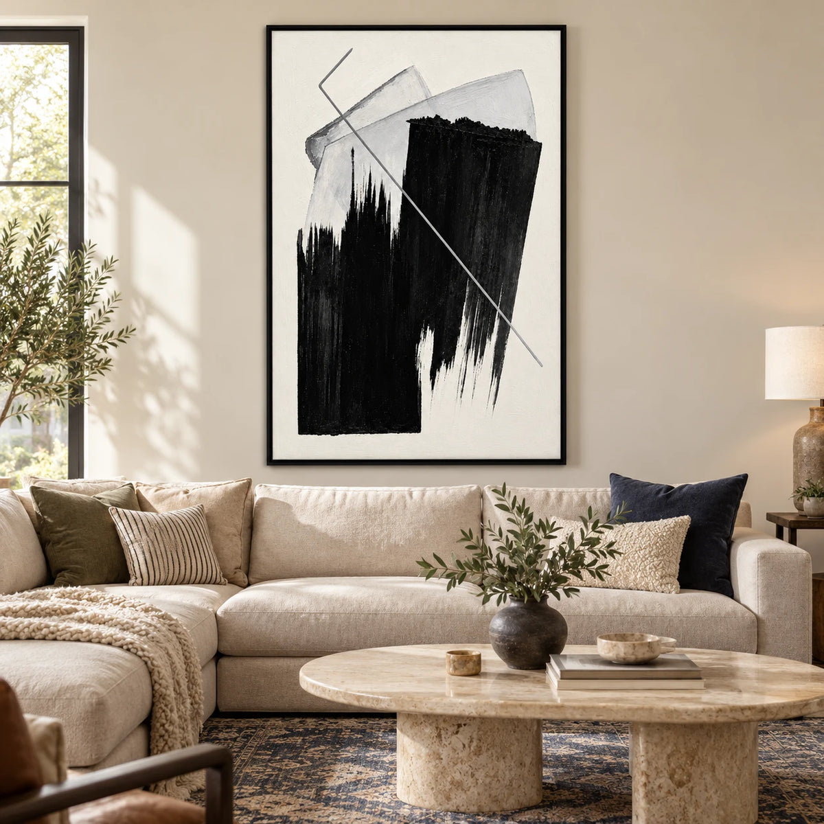 Ownanart Hand-Painted Black and White Geometric Abstract Oil Painting – Textured Vertical Canvas Wall Art for Living Room and Office