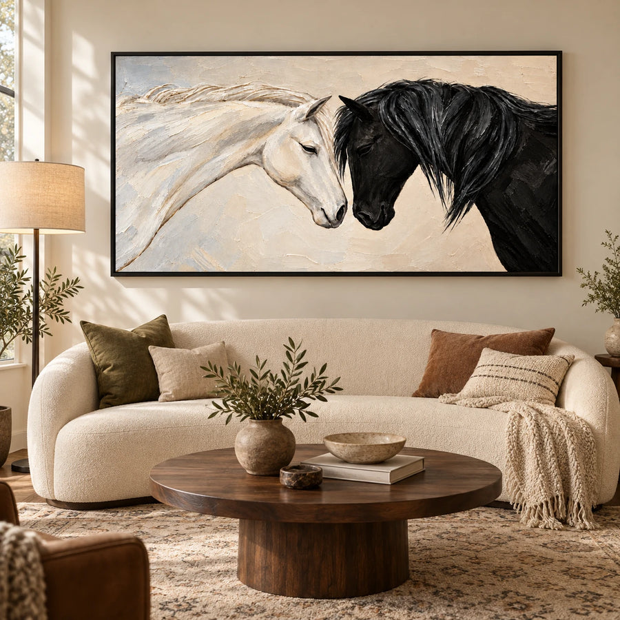 Ownanart Hand-Painted Black and White Horses Together Oil Painting – Monochrome Equestrian Portrait Art, 3D Textured Horizontal Canvas Wall Art for Living Room Bedroom Entryway and Office #OA 1523