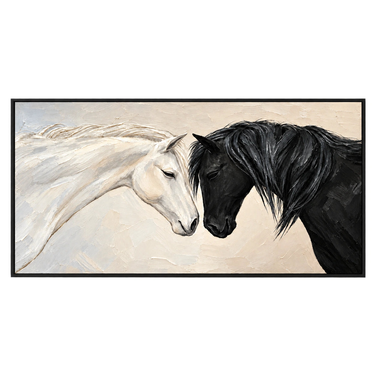 Ownanart Hand-Painted Black and White Horses Together Oil Painting – Monochrome Equestrian Portrait Art, 3D Textured Horizontal Canvas Wall Art for Living Room Bedroom Entryway and Office