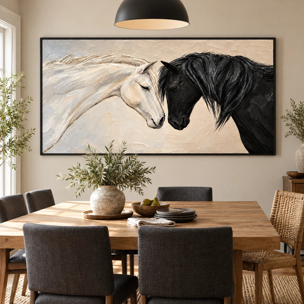 Ownanart Hand-Painted Black and White Horses Together Oil Painting – Monochrome Equestrian Portrait Art, 3D Textured Horizontal Canvas Wall Art for Living Room Bedroom Entryway and Office