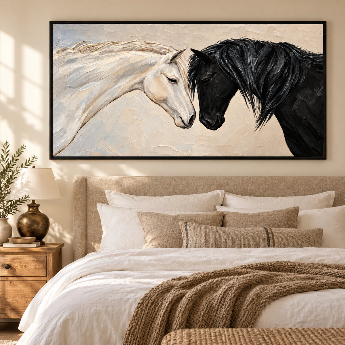 Ownanart Hand-Painted Black and White Horses Together Oil Painting – Monochrome Equestrian Portrait Art, 3D Textured Horizontal Canvas Wall Art for Living Room Bedroom Entryway and Office