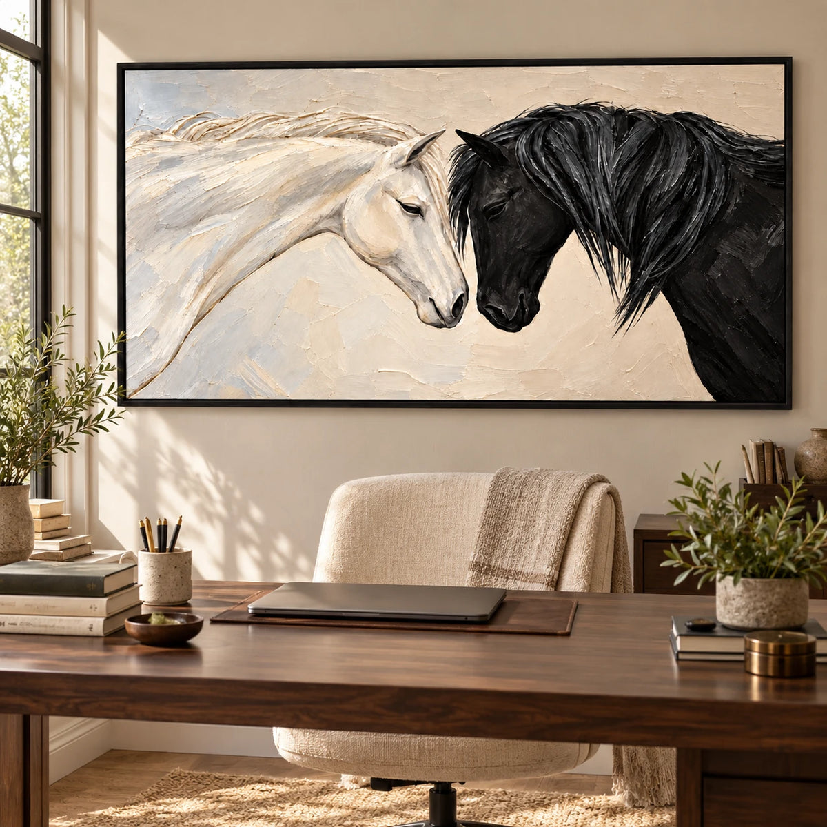 Ownanart Hand-Painted Black and White Horses Together Oil Painting – Monochrome Equestrian Portrait Art, 3D Textured Horizontal Canvas Wall Art for Living Room Bedroom Entryway and Office