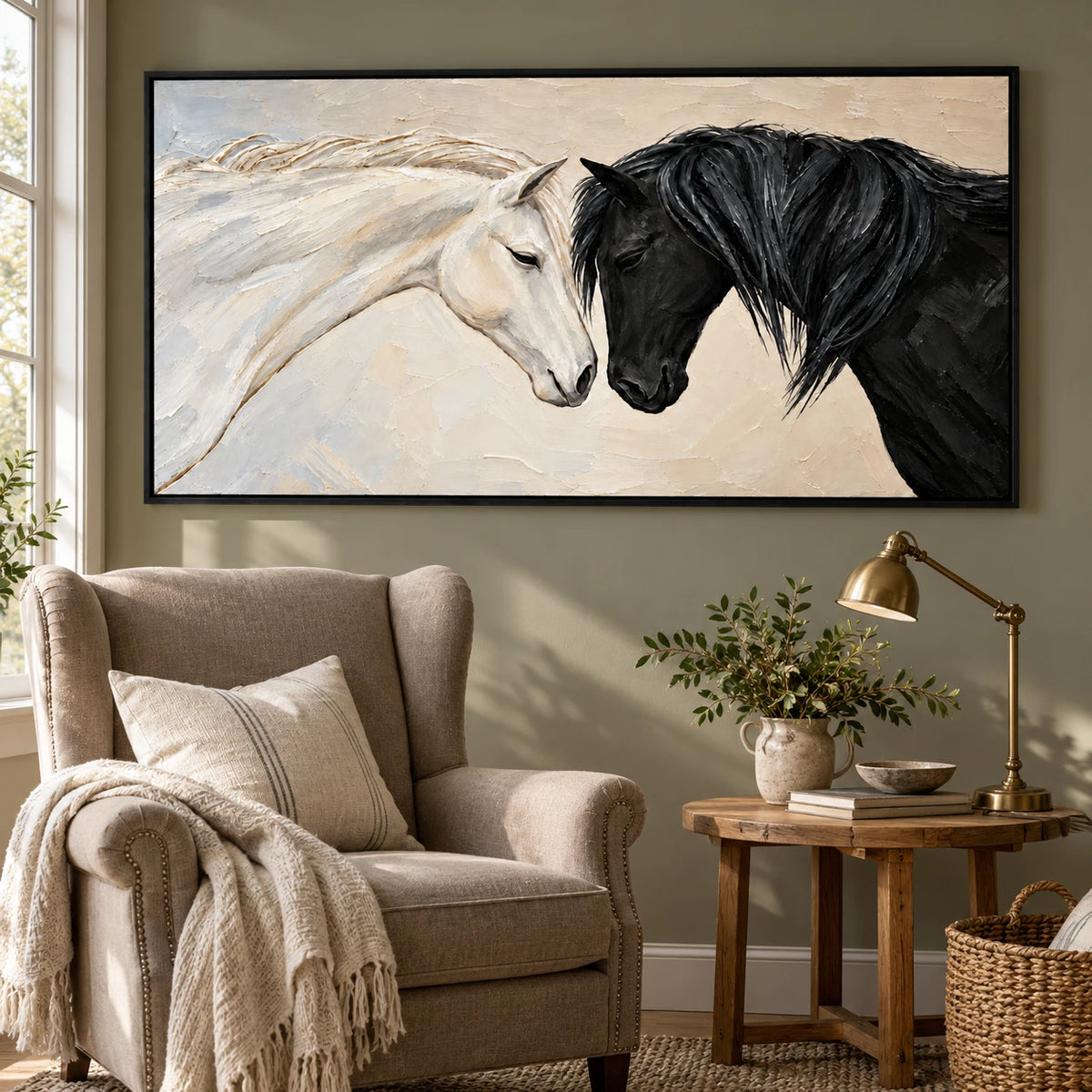 Ownanart Hand-Painted Black and White Horses Together Oil Painting – Monochrome Equestrian Portrait Art, 3D Textured Horizontal Canvas Wall Art for Living Room Bedroom Entryway and Office
