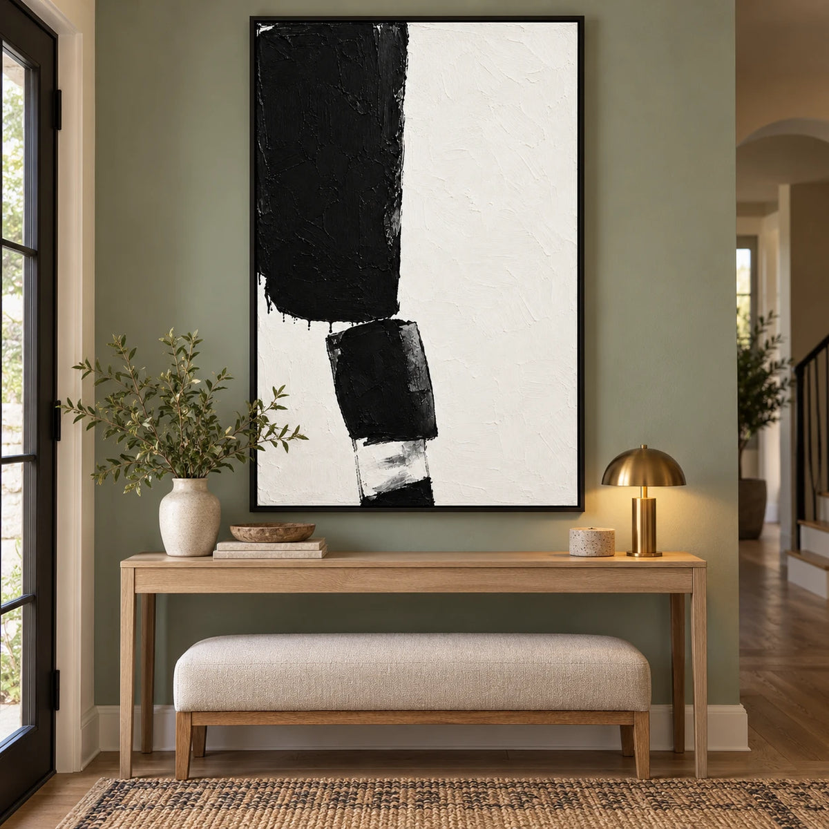 Ownanart Hand-Painted Black and White Minimalist Blocks Oil Painting – Textured Vertical Canvas Wall Art for Living Room and Office