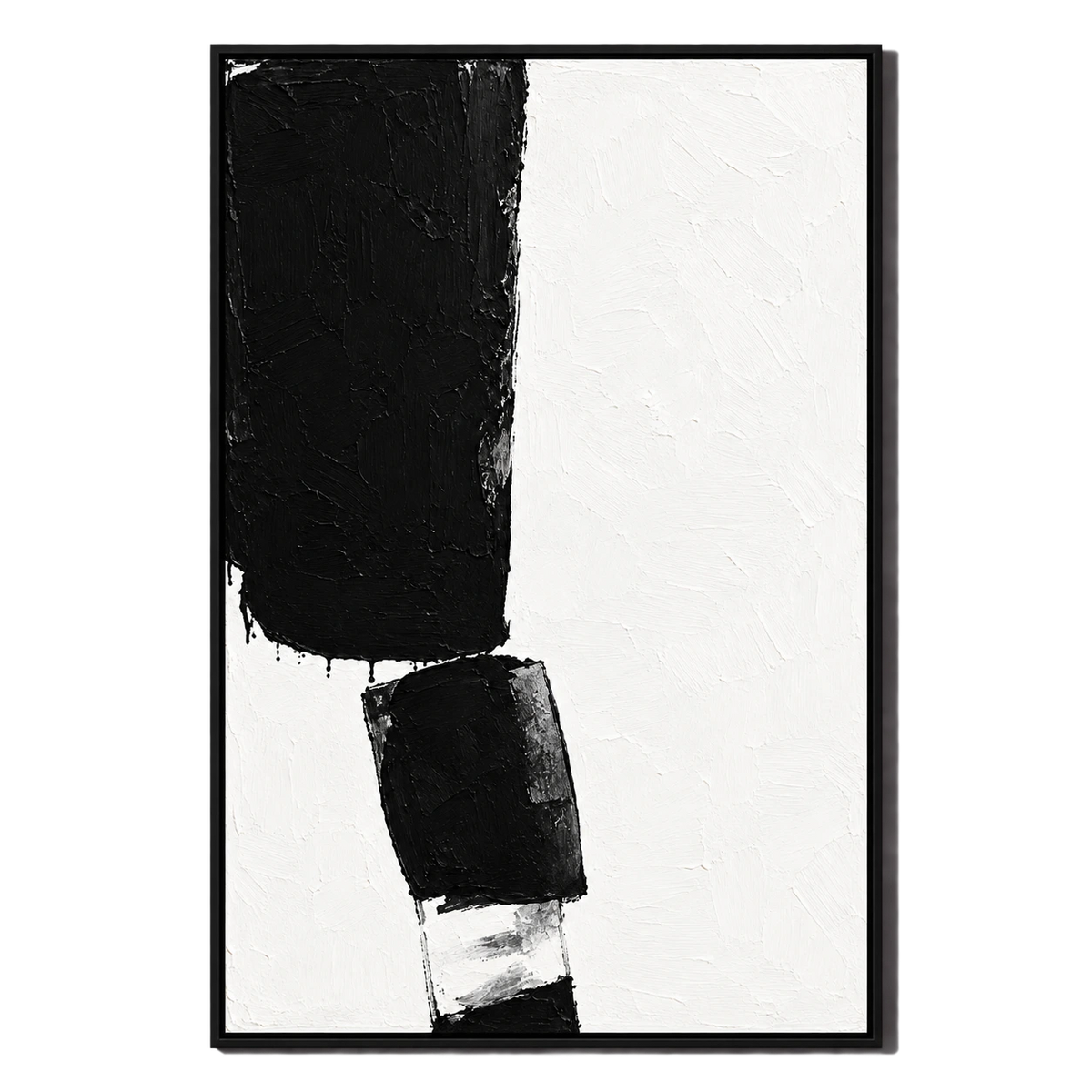 Ownanart Hand-Painted Black and White Minimalist Blocks Oil Painting – Textured Vertical Canvas Wall Art for Living Room and Office
