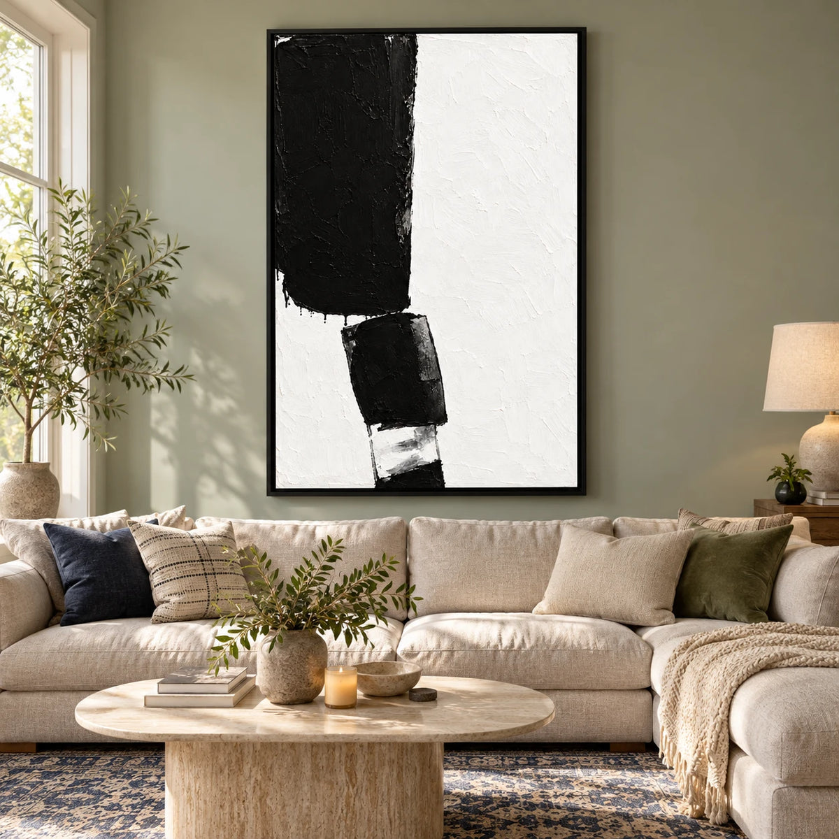 Ownanart Hand-Painted Black and White Minimalist Blocks Oil Painting – Textured Vertical Canvas Wall Art for Living Room and Office