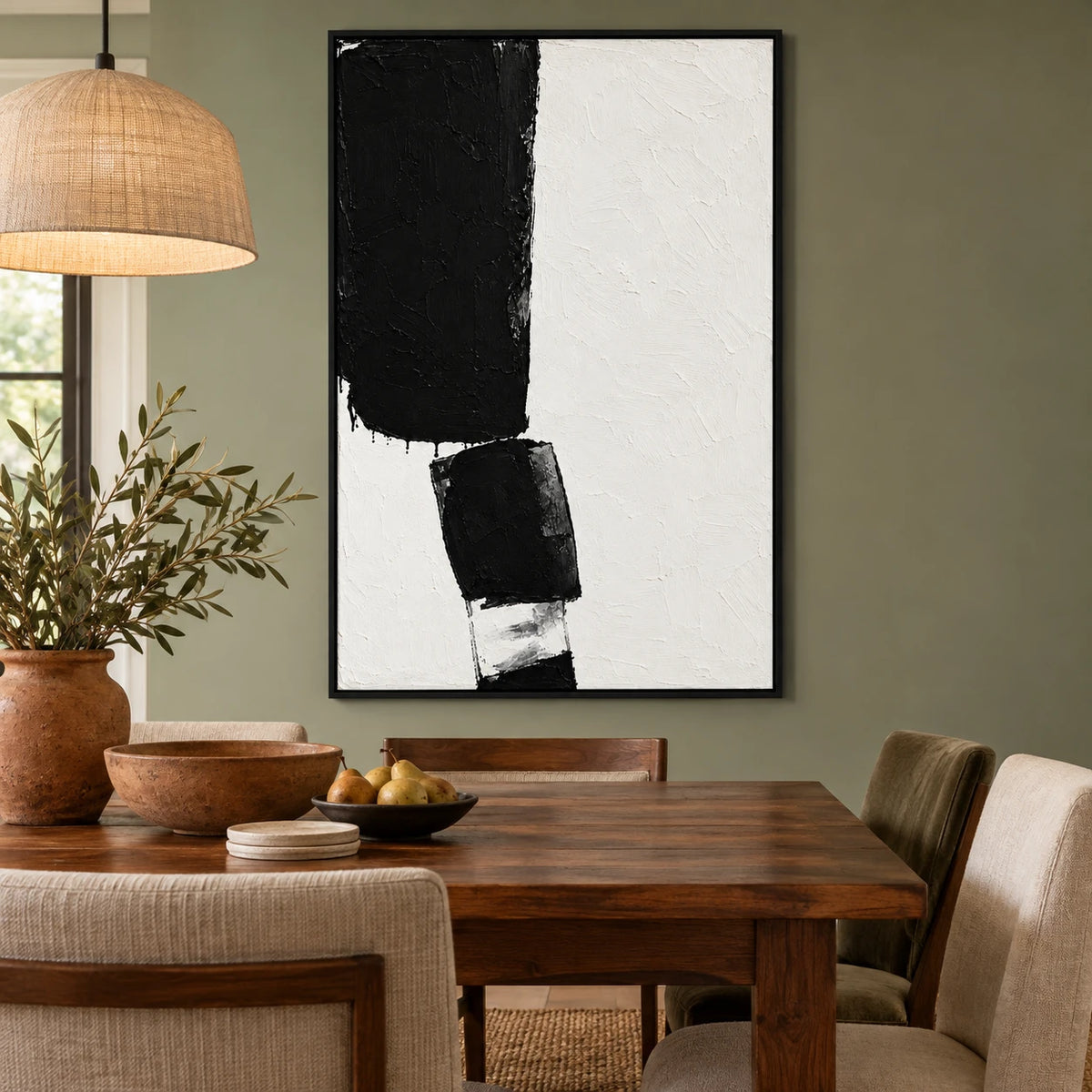 Ownanart Hand-Painted Black and White Minimalist Blocks Oil Painting – Textured Vertical Canvas Wall Art for Living Room and Office