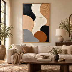 Ownanart Hand-Painted Black Beige Cream Brown and Grey Organic Circles Abstract Oil Painting – 3D Textured Vertical Impasto Canvas Wall Art for Living Room Bedroom Entryway and Office #OA 1547