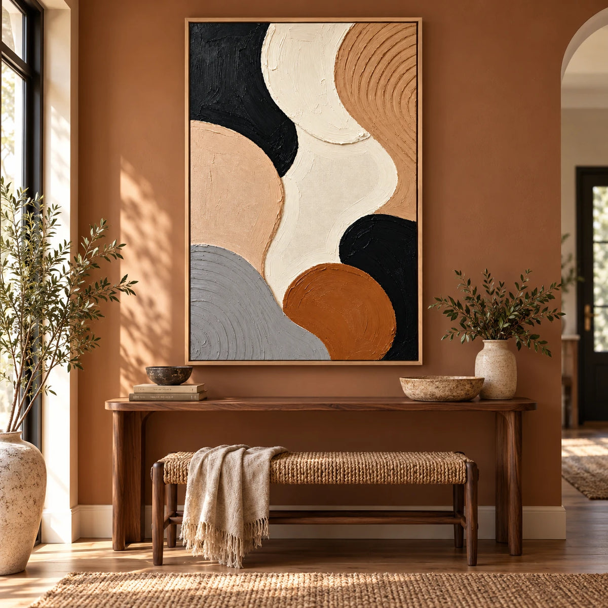 Ownanart Hand-Painted Black Beige Cream Brown and Grey Organic Circles Abstract Oil Painting – 3D Textured Vertical Impasto Canvas Wall Art for Living Room Bedroom Entryway and Office