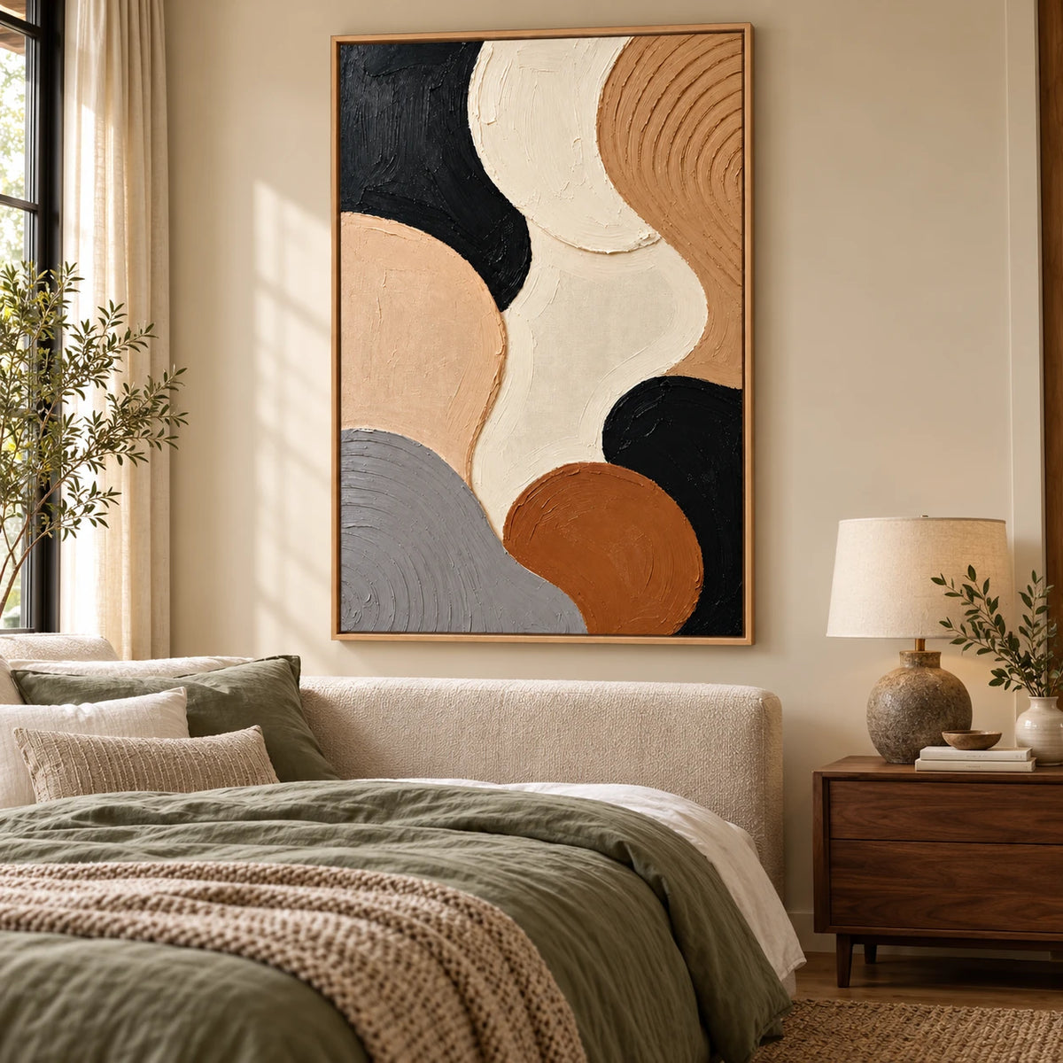 Ownanart Hand-Painted Black Beige Cream Brown and Grey Organic Circles Abstract Oil Painting – 3D Textured Vertical Impasto Canvas Wall Art for Living Room Bedroom Entryway and Office