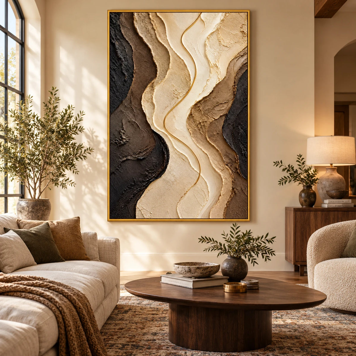 Ownanart Hand-Painted Black Brown Cream and Gold Flowing Abstract Oil Painting – 3D Textured Vertical Impasto Canvas Wall Art for Living Room Bedroom Entryway and Office
