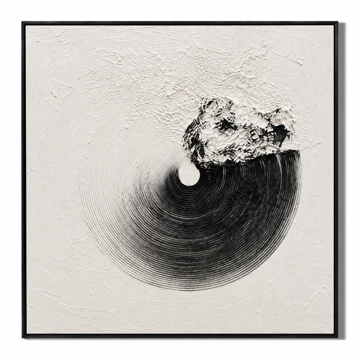 Ownanart Hand-Painted Black Circular Texture on Ivory Oil Painting – Textured Square Canvas Wall Art for Living Room and Office