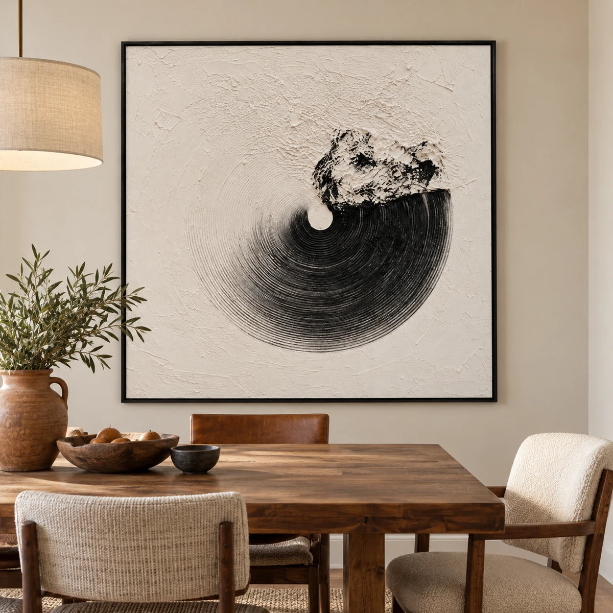 Ownanart Hand-Painted Black Circular Texture on Ivory Oil Painting – Textured Square Canvas Wall Art for Living Room and Office