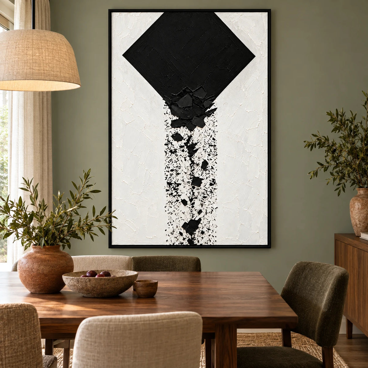 Ownanart Hand-Painted Black Diamond and Falling Fragments Oil Painting – Textured Vertical Canvas Wall Art for Living Room and Office