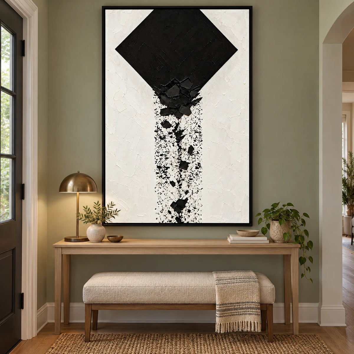 Ownanart Hand-Painted Black Diamond and Falling Fragments Oil Painting – Textured Vertical Canvas Wall Art for Living Room and Office