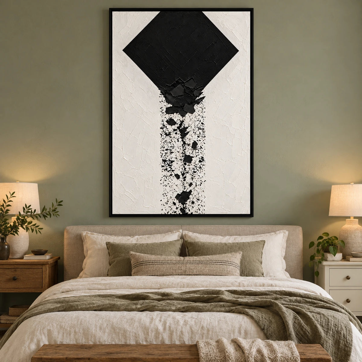 Ownanart Hand-Painted Black Diamond and Falling Fragments Oil Painting – Textured Vertical Canvas Wall Art for Living Room and Office