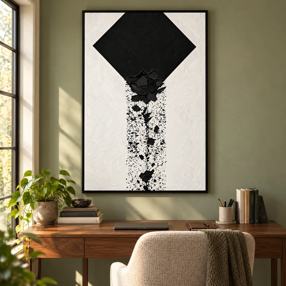 Ownanart Hand-Painted Black Diamond and Falling Fragments Oil Painting – Textured Vertical Canvas Wall Art for Living Room and Office