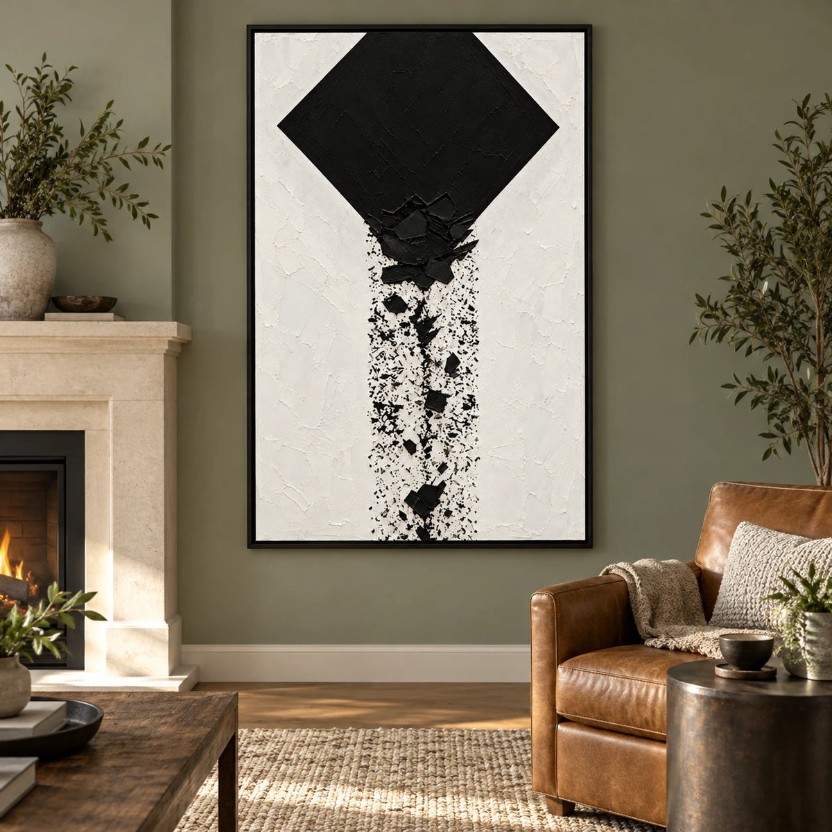 Ownanart Hand-Painted Black Diamond and Falling Fragments Oil Painting – Textured Vertical Canvas Wall Art for Living Room and Office