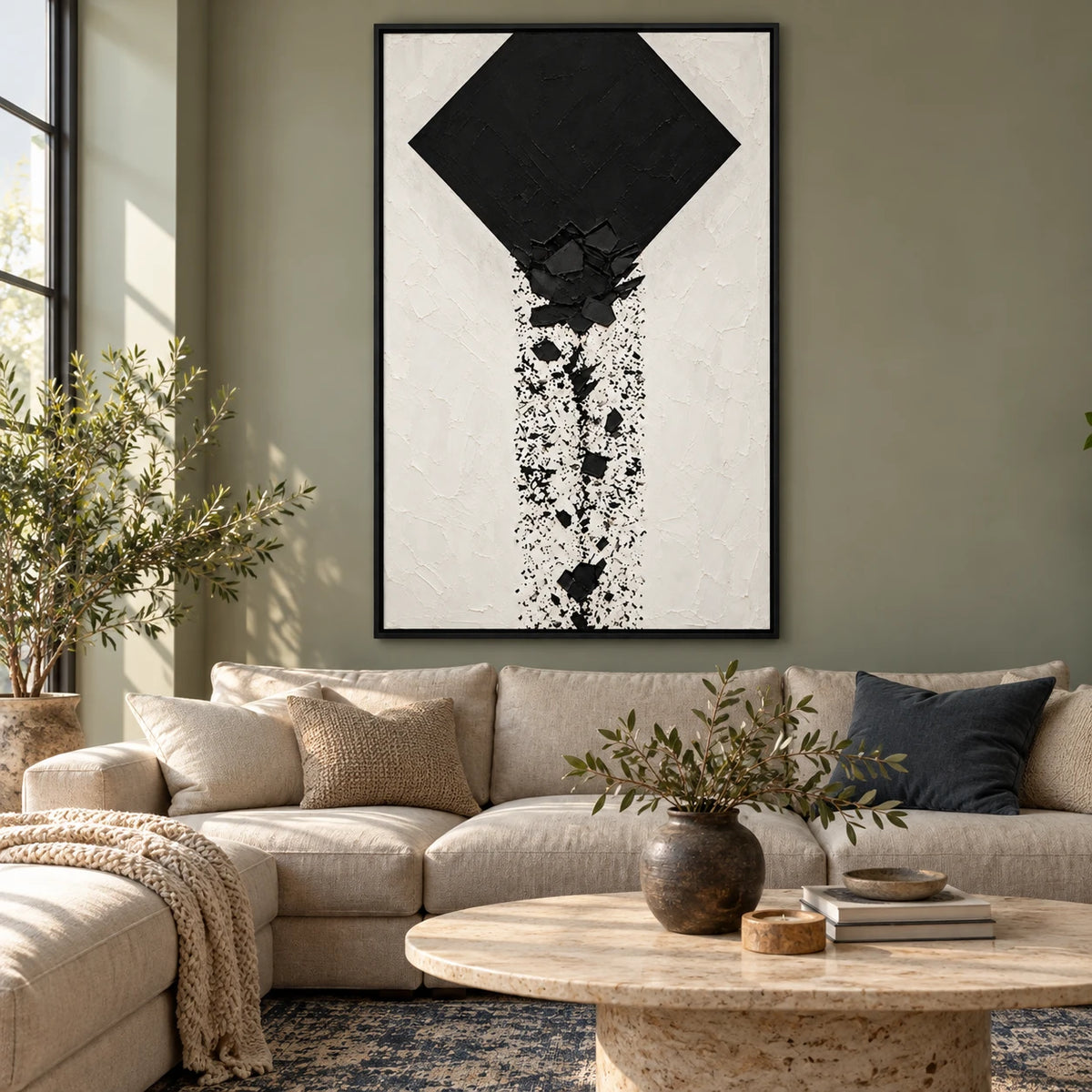 Ownanart Hand-Painted Black Diamond and Falling Fragments Oil Painting – Textured Vertical Canvas Wall Art for Living Room and Office