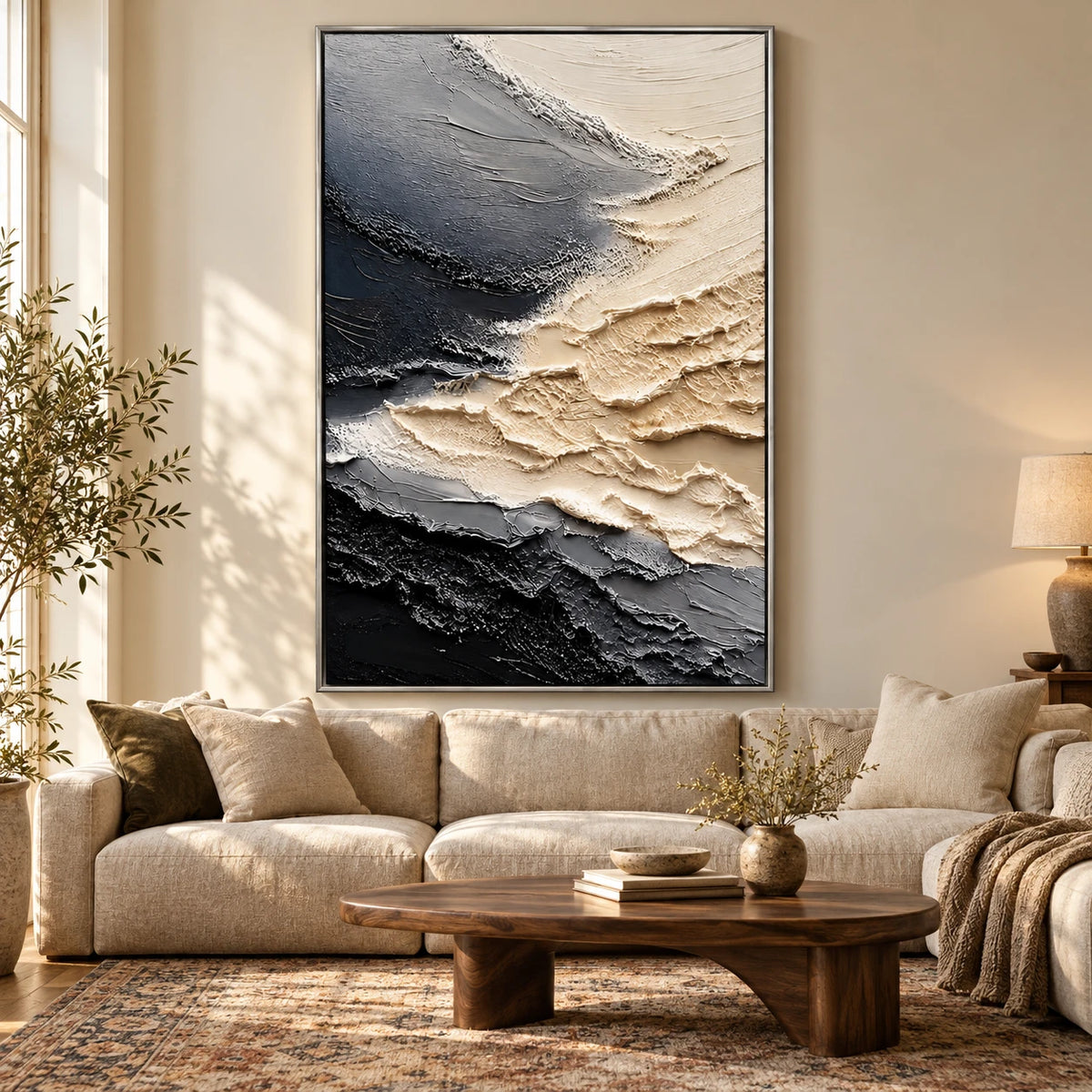 Ownanart Hand-Painted Black Grey and Cream White Abstract Oil Painting – 3D Textured Vertical Impasto Canvas Wall Art for Modern Living Room Bedroom Entryway and Office