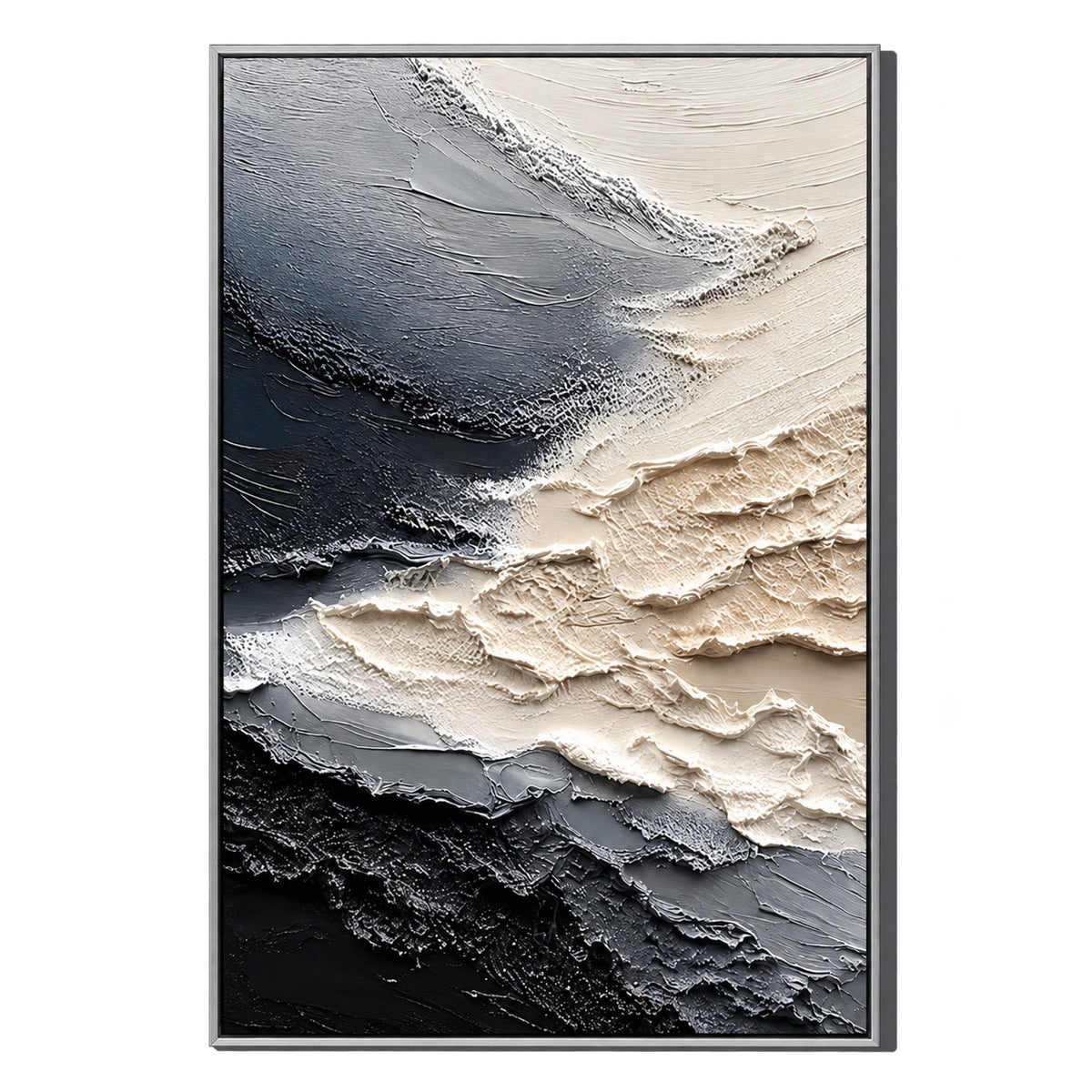 Ownanart Hand-Painted Black Grey and Cream White Abstract Oil Painting – 3D Textured Vertical Impasto Canvas Wall Art for Modern Living Room Bedroom Entryway and Office