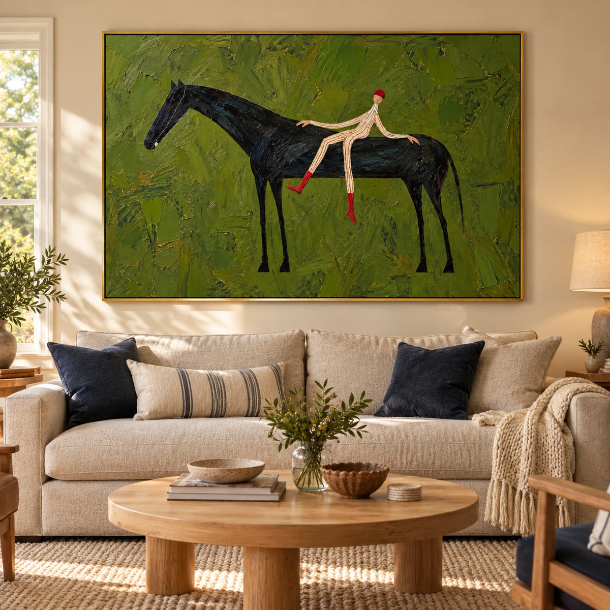 Ownanart Hand-Painted Black Horse and Rider Oil Painting – Olive Green Textured Equestrian Canvas Wall Art, Modern Surreal Figurative Painting for Living Room and Office
