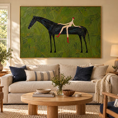 Ownanart Hand-Painted Black Horse and Rider Oil Painting – Olive Green Textured Equestrian Canvas Wall Art, Modern Surreal Figurative Painting for Living Room and Office #OA 1460