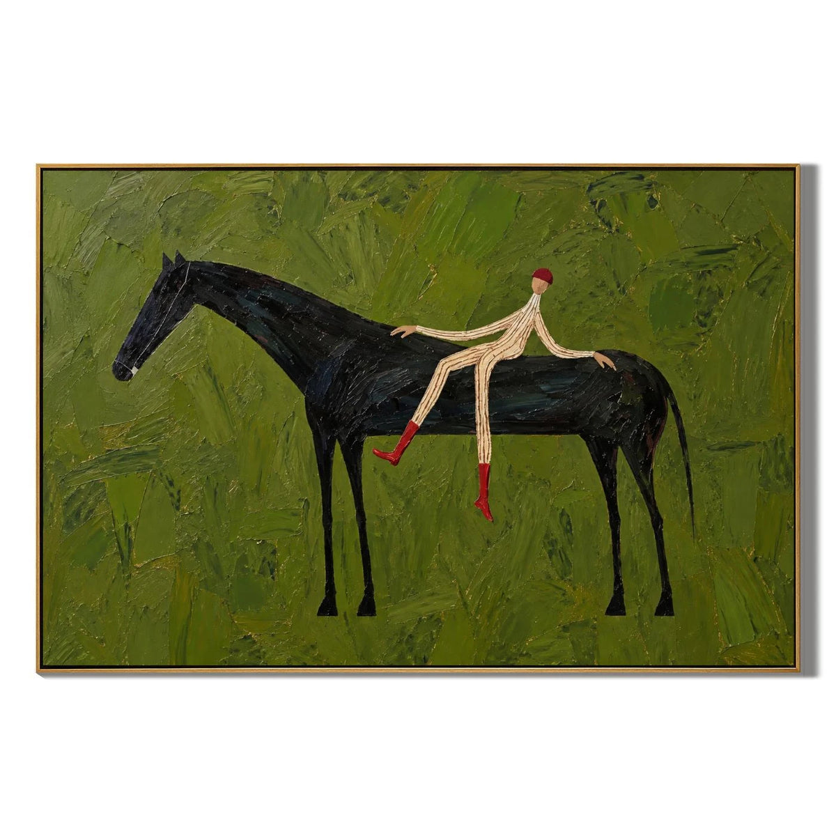 Ownanart Hand-Painted Black Horse and Rider Oil Painting – Olive Green Textured Equestrian Canvas Wall Art, Modern Surreal Figurative Painting for Living Room and Office