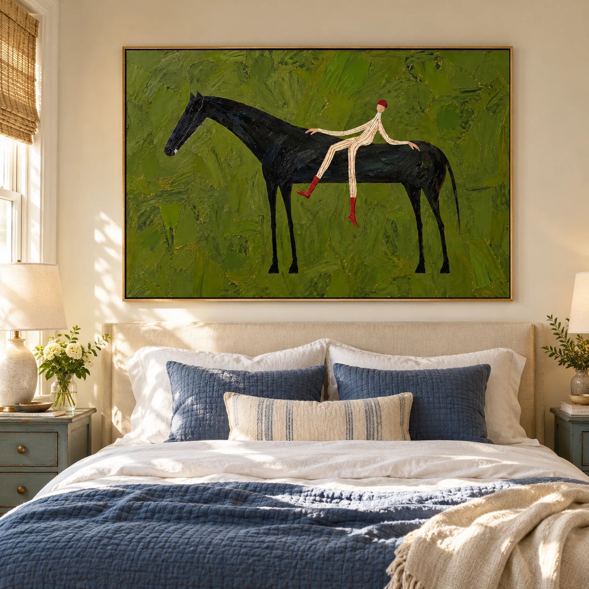 Ownanart Hand-Painted Black Horse and Rider Oil Painting – Olive Green Textured Equestrian Canvas Wall Art, Modern Surreal Figurative Painting for Living Room and Office