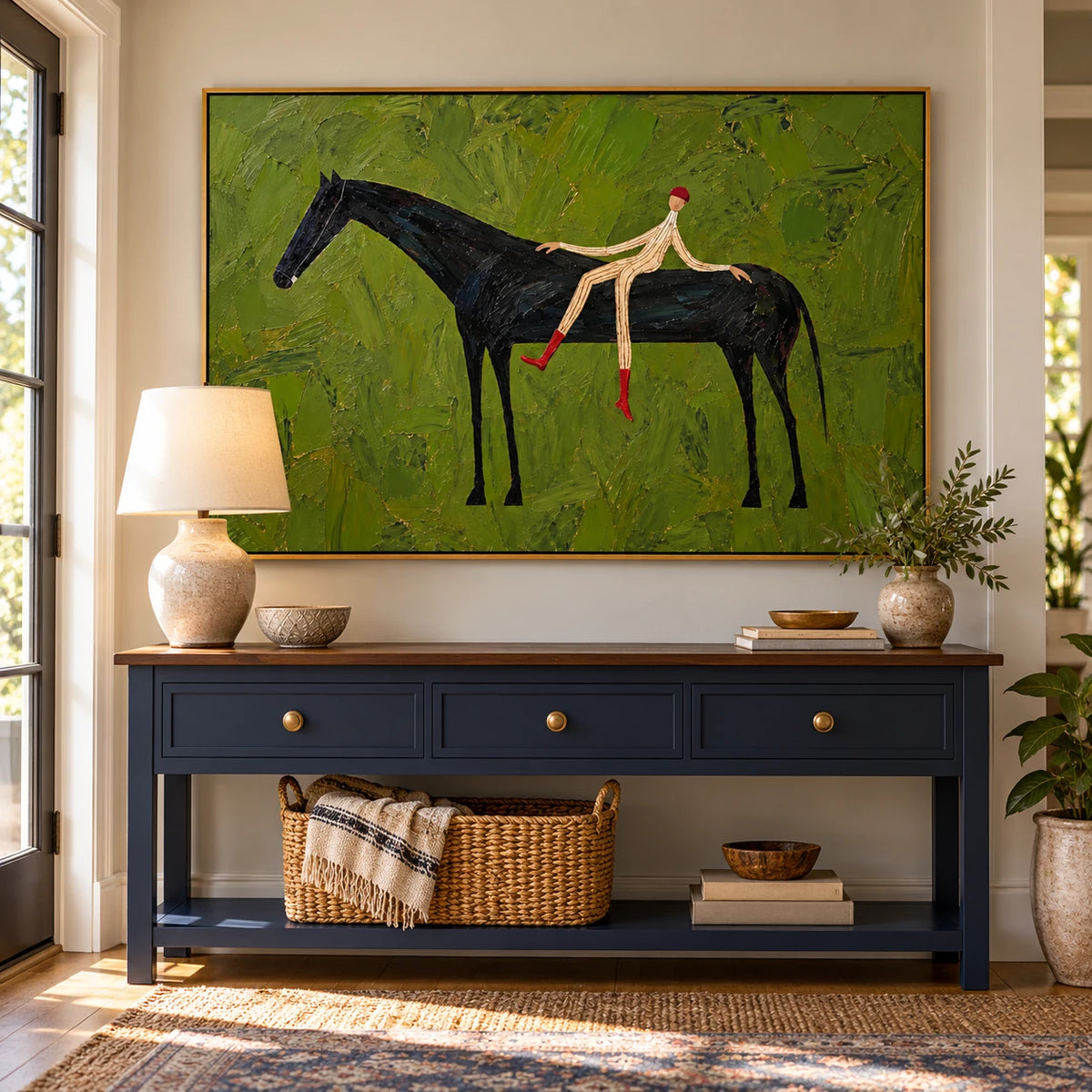 Ownanart Hand-Painted Black Horse and Rider Oil Painting – Olive Green Textured Equestrian Canvas Wall Art, Modern Surreal Figurative Painting for Living Room and Office