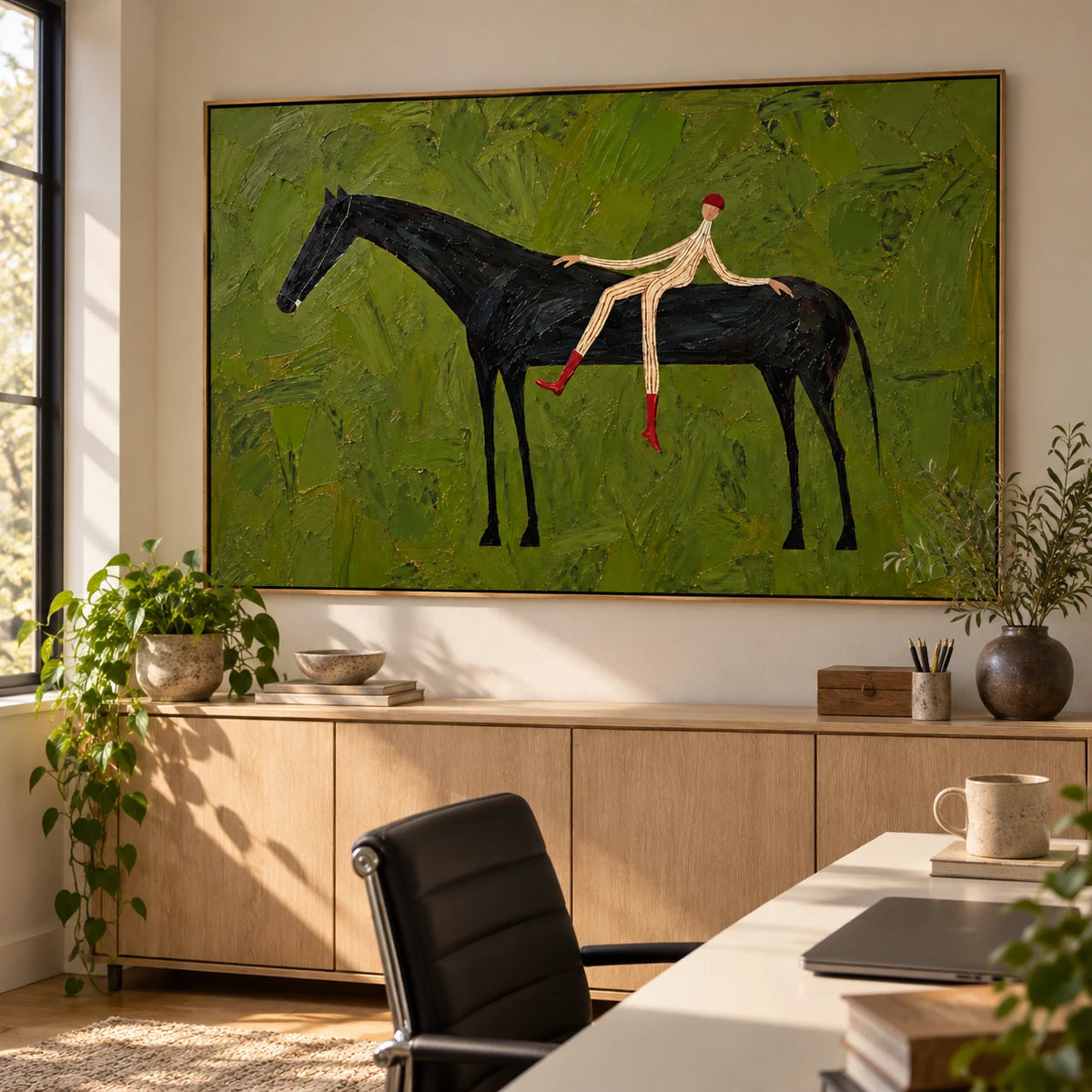 Ownanart Hand-Painted Black Horse and Rider Oil Painting – Olive Green Textured Equestrian Canvas Wall Art, Modern Surreal Figurative Painting for Living Room and Office