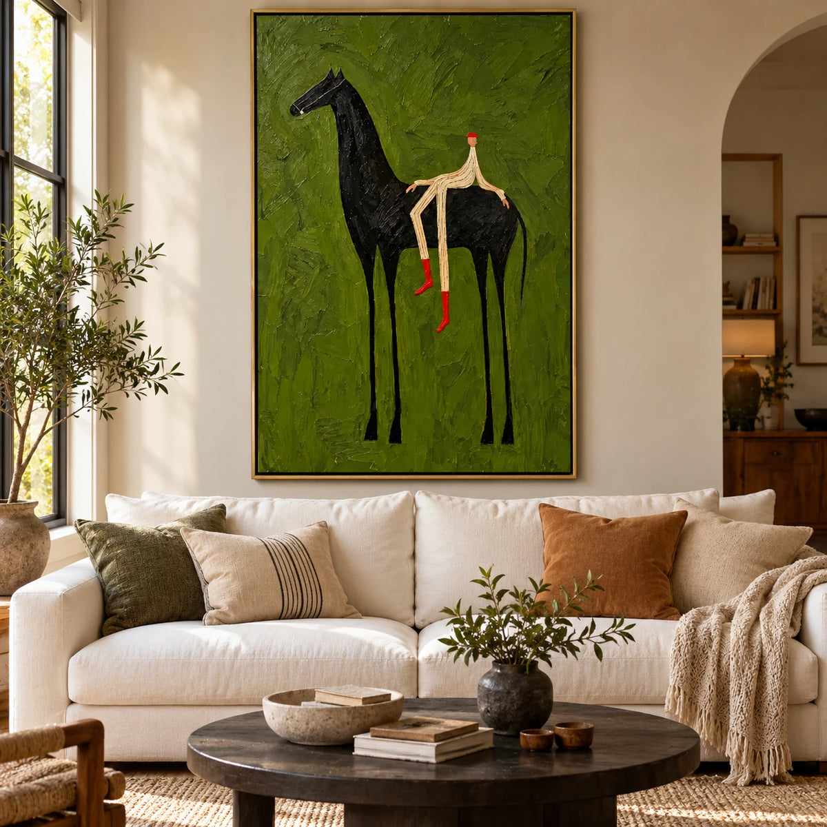 Ownanart Hand-Painted Black Horse and Rider Oil Painting – Vertical Olive Green Equestrian Wall Art, Textured Surreal Figurative Canvas Painting for Entryway and Living Room