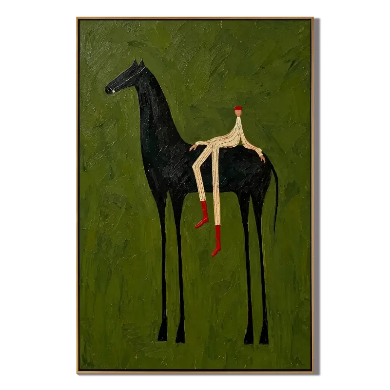 Ownanart Hand-Painted Black Horse and Rider Oil Painting – Vertical Olive Green Equestrian Wall Art, Textured Surreal Figurative Canvas Painting for Entryway and Living Room