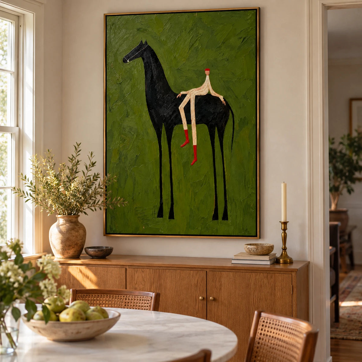 Ownanart Hand-Painted Black Horse and Rider Oil Painting – Vertical Olive Green Equestrian Wall Art, Textured Surreal Figurative Canvas Painting for Entryway and Living Room