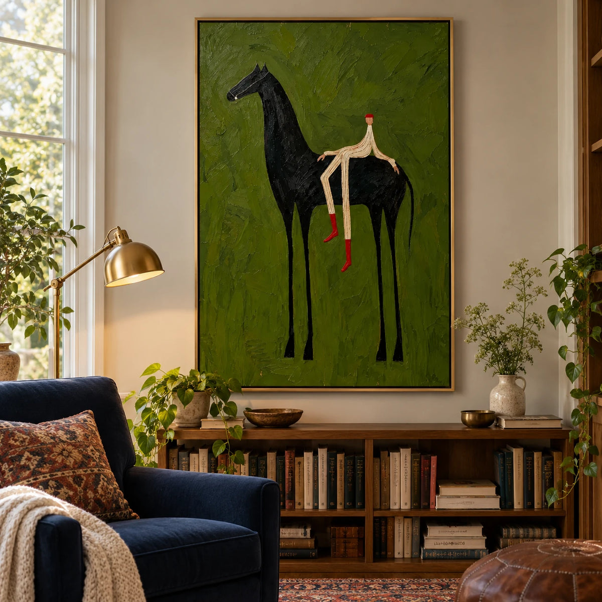 Ownanart Hand-Painted Black Horse and Rider Oil Painting – Vertical Olive Green Equestrian Wall Art, Textured Surreal Figurative Canvas Painting for Entryway and Living Room